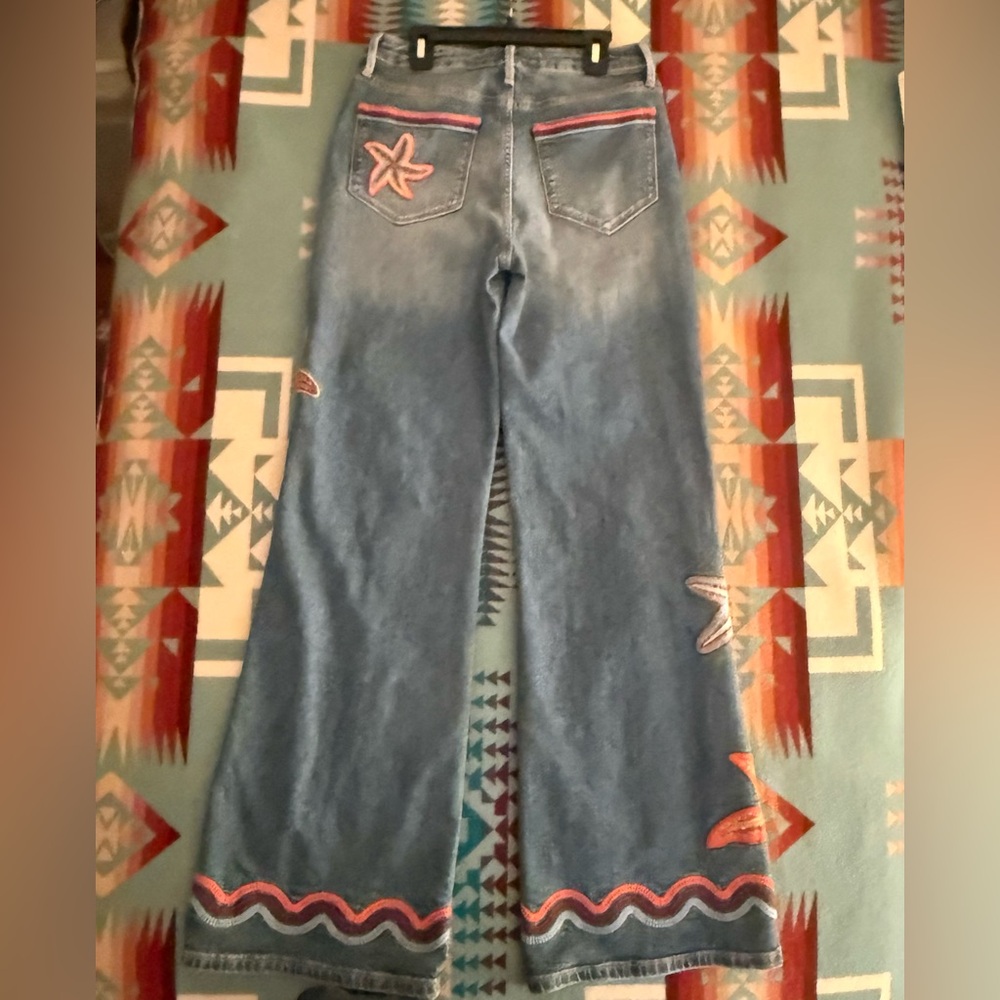 DRIFTWOOD Charlie size 25x32 Blue Wide-Leg Jeans with Orange Starfish Embroidery - Picture 5 of 5